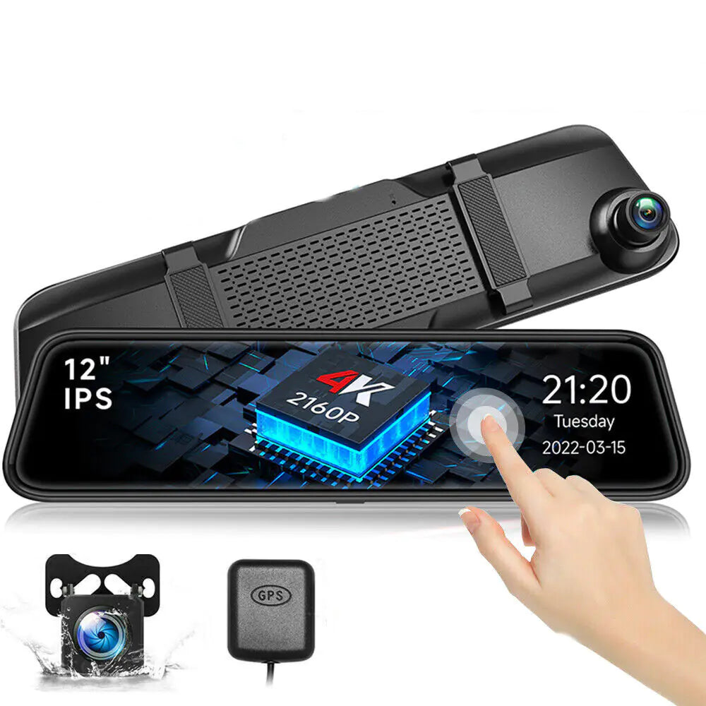 4K Dual-Lens Rearview Mirror Dash Cam – 12" Touchscreen Smart Mirror with Night Vision + Parking Assist
